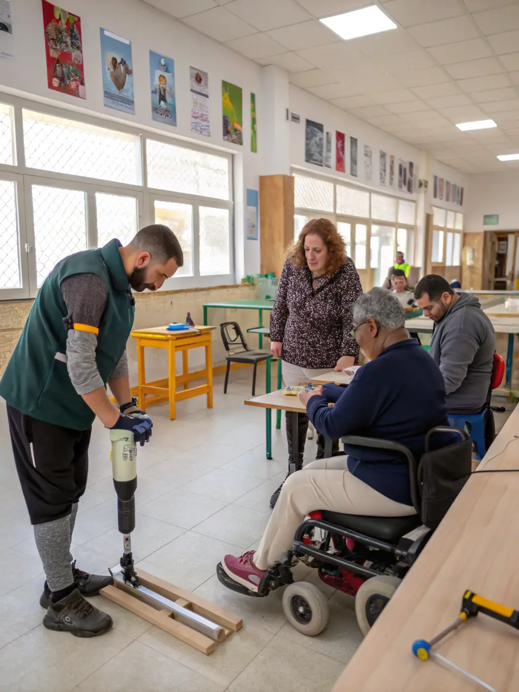 A photograph of a diverse group of individuals with varying motor disabilities participating in a CrossFit workout, showcasing adaptive equipment and supportive coaching.