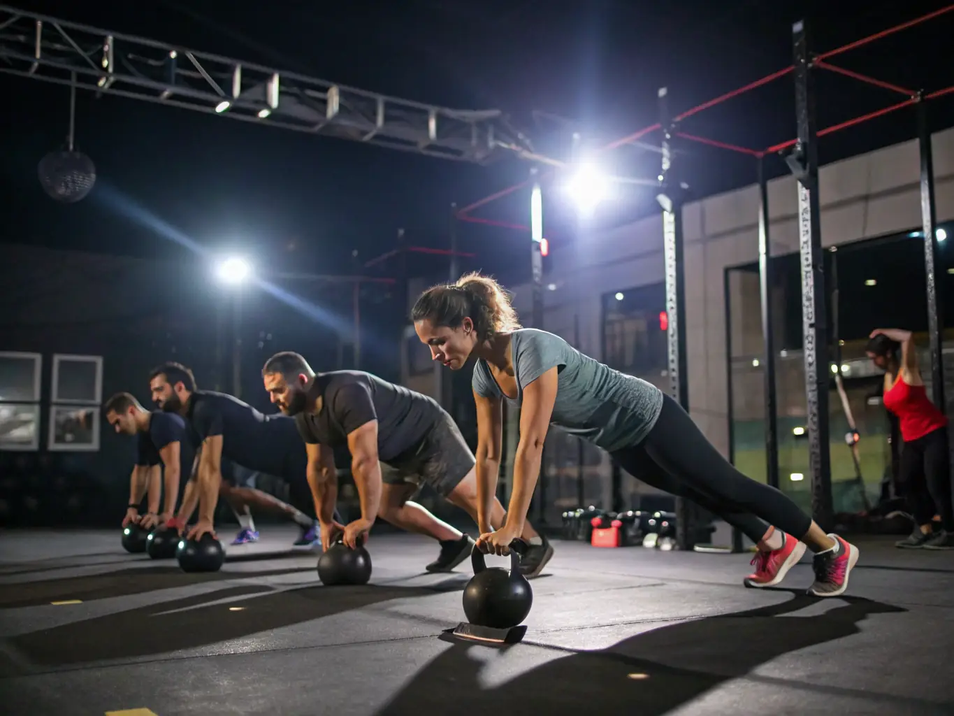 A group of participants with varying motor abilities engaging in a modified CrossFit workout, showcasing adaptive equipment and supportive coaching.