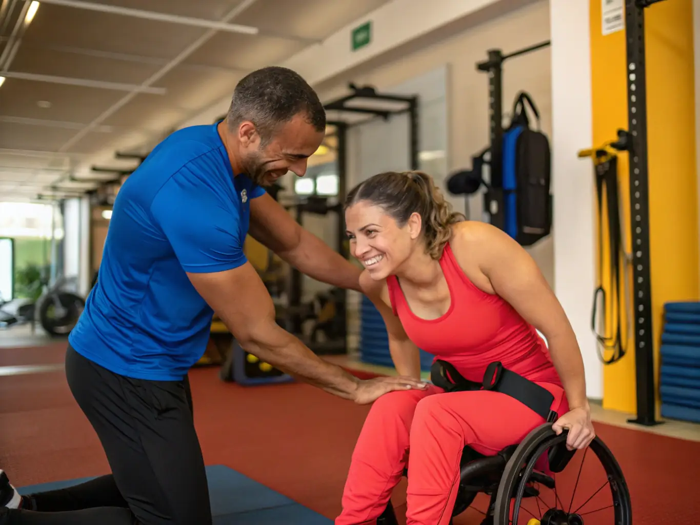 A photograph showcasing a person with a motor disability successfully lifting weights with adaptive equipment, supported by a CrossFit Metamorphose trainer, in a modern, accessible gym setting.